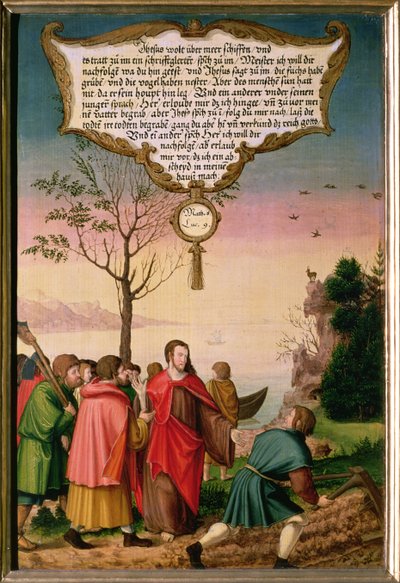 キリストは弟子たちに教える（ルーク9 v.62）、モンペルガルター祭壇画の翼パネルの一部 作： Matthias Gerung or Gerou